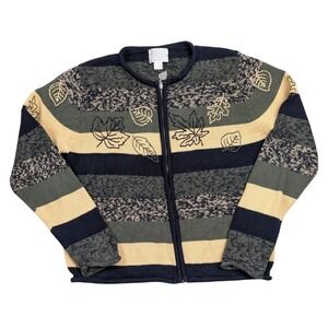 Christopher & Banks Zip Up Sweater Women Medium Green Leaf Grannycore Hand Embro